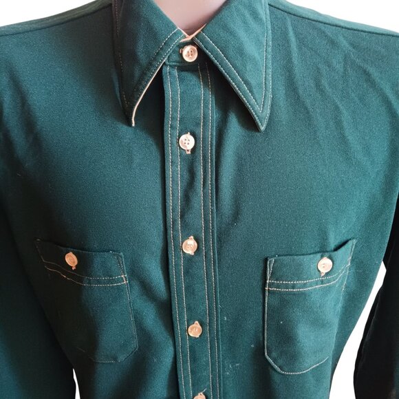 Men's Medium 16 Vintage Shirt 1970's Green Stretch Polyester Shirt Disco Collar - Picture 2 of 7